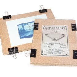 Kopierbrett für Kontaktverfahren mit gewachstem Holz, Korkschicht, Glas und Klammern