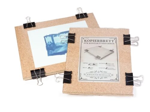 Kopierbrett für Kontaktverfahren mit gewachstem Holz, Korkschicht, Glas und Klammern