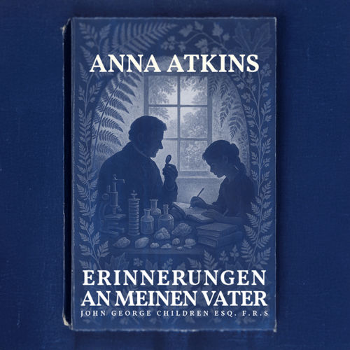 Buchcover von Anna Atkins, Erinnerungen an meinen Vater. Cyanotypie-inspiriertes Motiv mit Vater und Tochter an einem Labortisch, umgeben von Pflanzenornamenten.