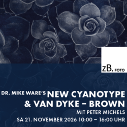 Blaue Nahaufnahme von Echeveria-Sukkulenten, darunter Ankündigungstext „Dr. Mike Ware's New Cyanotype & Van Dyke – Brown, mit Peter Michels, Sa 21. November 2026, 10:00–16:00 Uhr", Logo zB. Foto